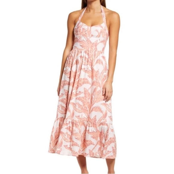 Bardot Dresses & Skirts - Bardot Linen Blend Pink Palm Leaf Halter Neck Flowy Tropica Midi Dress Revolve